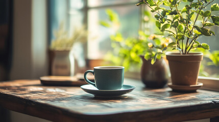 on the table there is a cup and a flower pot