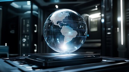 Futuristic Holographic Globe Display in a High-Tech Server Room