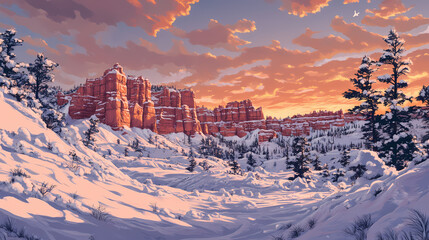 Snow-covered hoodoos shimmer under a fiery sunset in bryce canyon. Frosty Canyon. Illustration