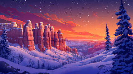 Snow-covered hoodoos shimmer under a fiery sunset in bryce canyon. Frosty Canyon. Illustration