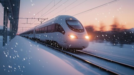 Naklejka premium A high-speed train crossing a snowy landscape, with snowflakes trailing behind the train in motion blur, soft daylight creating a wintery atmosphere