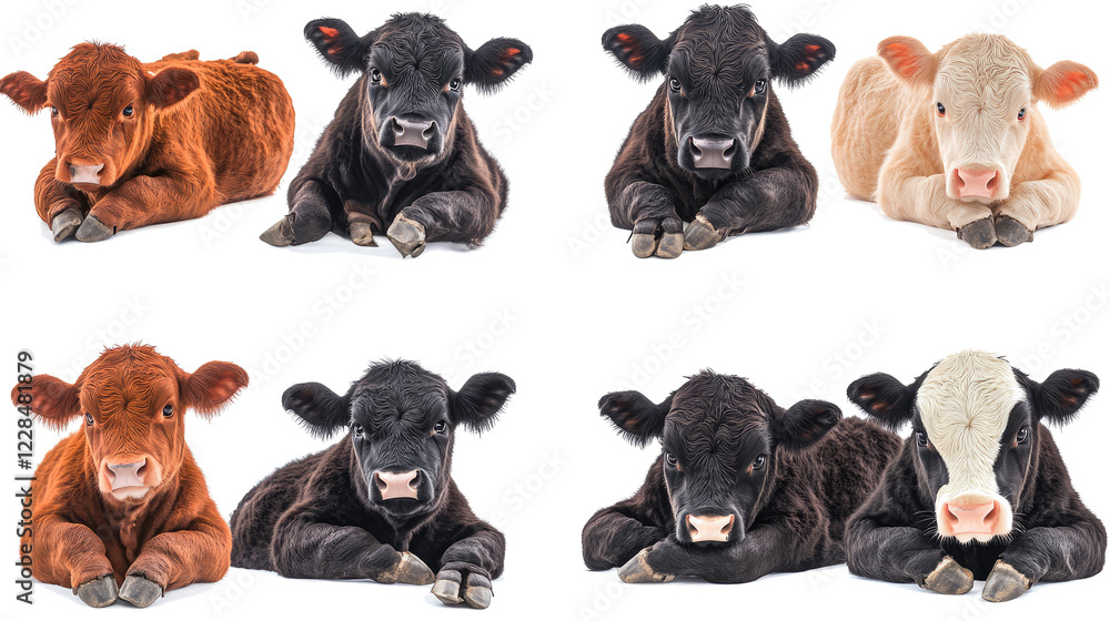 Poster collection of calves showcasing different cattle breeds generative ai