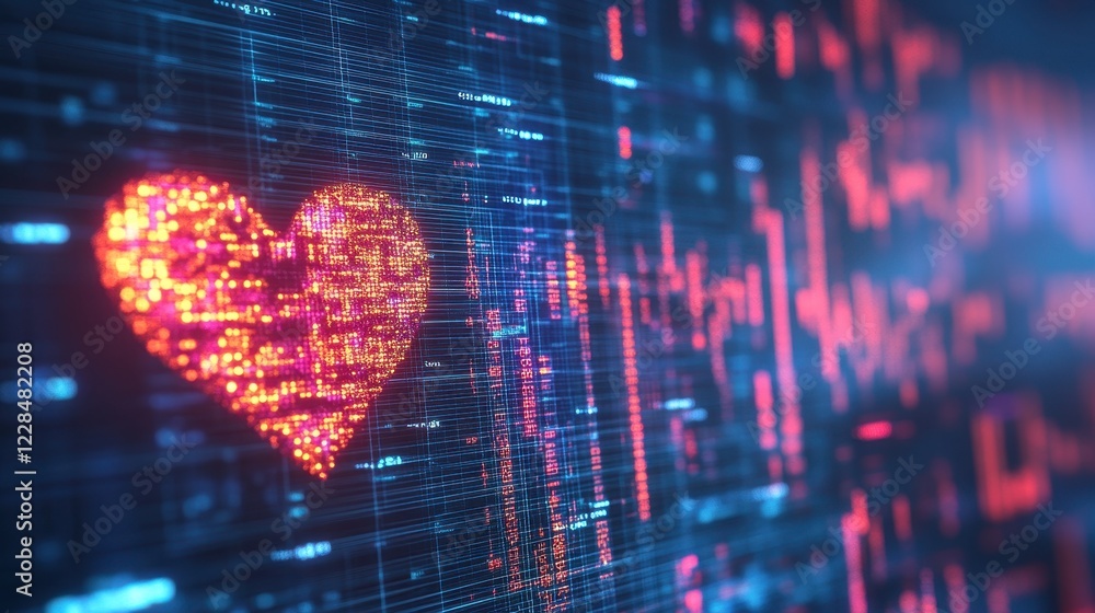 Poster digital heart formed from binary code glows on a screen. illustrates digital health, ai, or data sec
