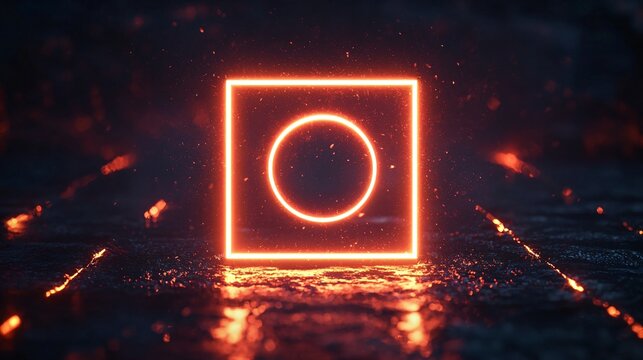 Glowing Neon Circle Inside Square on Dark Textured Surface with Fiery Sparks in Abstract Design.