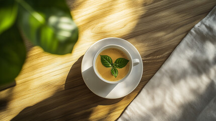 Fototapeta premium a cup of green tea on a wooden table shot from above