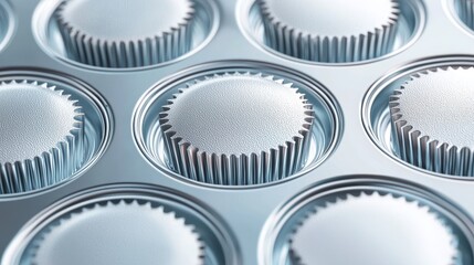 Close-up of an empty muffin tin tray, clean and polished, placed on a bright white background, highlighting its smooth metallic texture