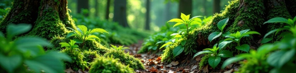 Obraz premium Ferns and moss in shaded forest area, greenery, moss, forest floor