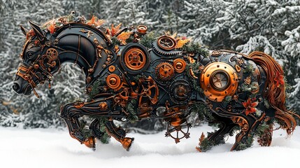 Steampunk Mechanical Horse Adorned With Gears And Clockwork In Snowy Winter Landscape.