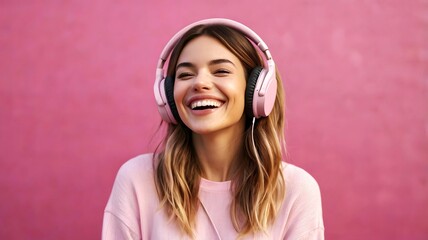 Cute lovely young woman listening music from her headphone joyfully - Happy girl in positive good vibes enjoy her favorite songs - feel good music lover, on pink background