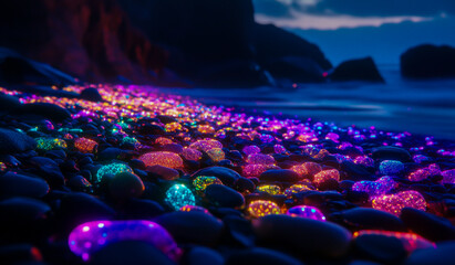 Obraz premium A beach strewn with vibrant, shimmering pebbles.