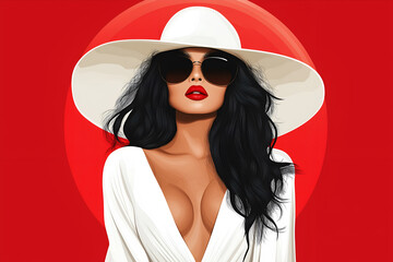 Fashion magazine cover design concept in a clean vector format. Vector illustrations concept, a sexy woman wear white dress and hat, red background
