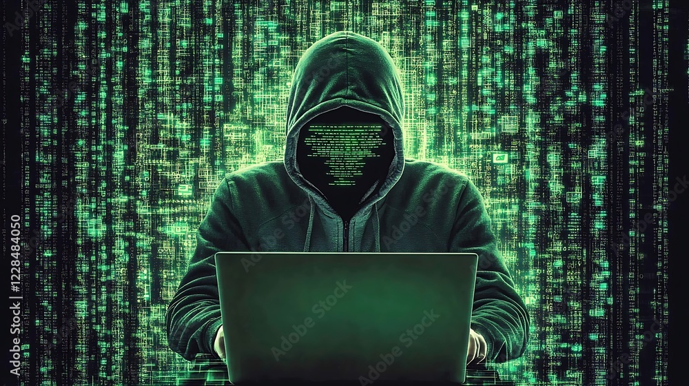 Poster anonymous hacker in the digital matrix: cybersecurity threat