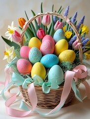 A beautifully arranged Easter basket filled with pastel-colored eggs, fresh tulips, and daffodils, wrapped in decorative ribbons, creating a festive and cheerful holiday atmosphere

