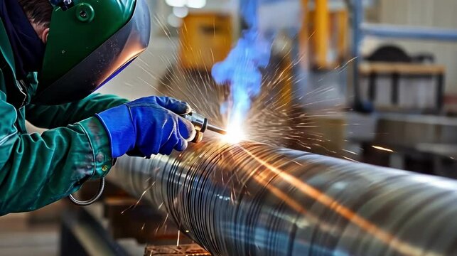 Welder working on a steel pipe with sparks flying.
