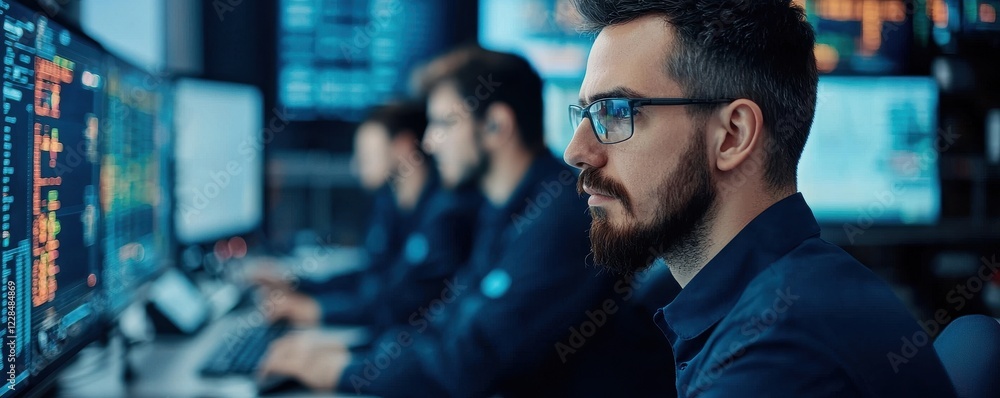 Poster a focused group of professionals monitor data on large screens, showcasing a high-tech environment a