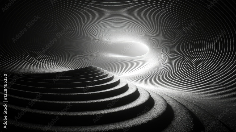 Poster abstract grayscale image of swirling concentric circles and steps