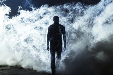 Fototapeta premium Mysterious silhouette of a man walking through fog