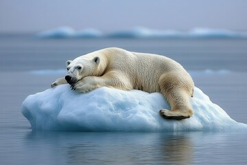 Polar bear resting on a small iceberg in arctic waters. Illustrates climate change impact on polar bear habitat.