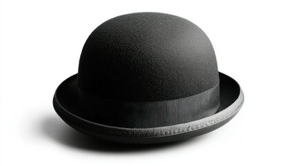Black bowler hat isolated on white with shadow, classic men's fashion accessory