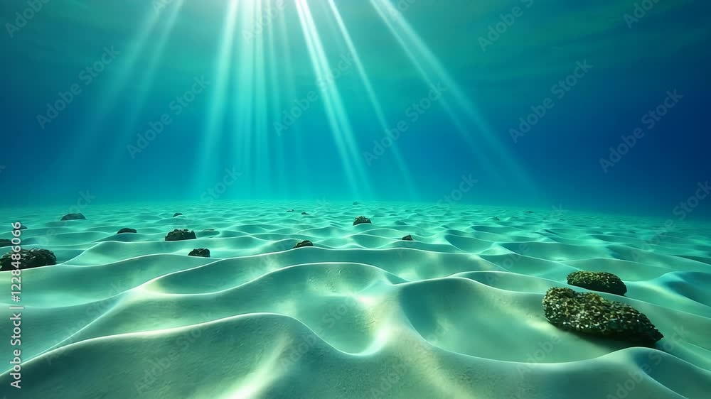 Poster sunlight beams illuminate undulating ocean floor highlighting sand patterns and colorful corals