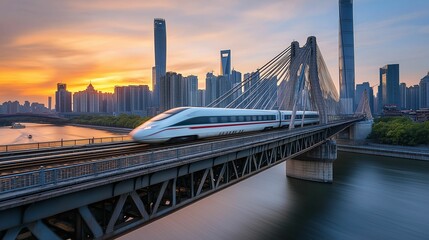 Fototapeta premium A high-speed train crossing an iconic bridge over a river, with the city skyline behind it, the structure of the bridge and the train both beautifully captured in sharp detail
