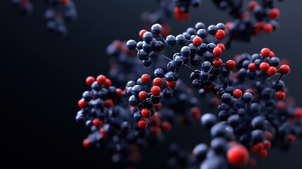 Abstract Molecular Structure: Red and Dark Blue Spheres Interconnected, Representing Scientific Research and Technological Innovation in a 3D Rendering.