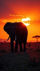 Obraz premium Large elephant silhouette in the savannah at sunset, savannah, elephant, safari