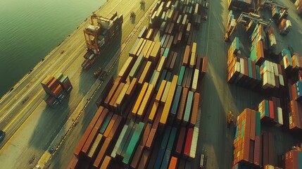 Obraz premium Aerial view of colorful cargo containers at a busy port. Illustrates global trade, logistics, and shipping industry.