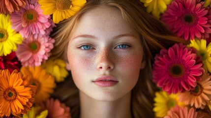 Naklejka premium Young woman surrounded by vibrant flowers during a serene moment in a garden setting, showcasing natural beauty and tranquility