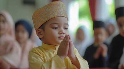 a Muslim boy saying greetings with both hands