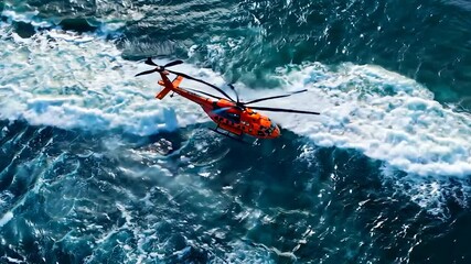 A helicopter flying over rough, stormy seas during a search operation, symbolizing rescue efforts, bravery, and emergency response in extreme conditions.