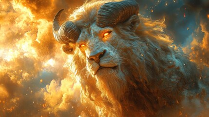 A majestic ram with glowing eyes amidst fiery clouds.