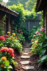 Messy garden with blooming flowers and dead plants, organic textures, dead plants, wildflowers