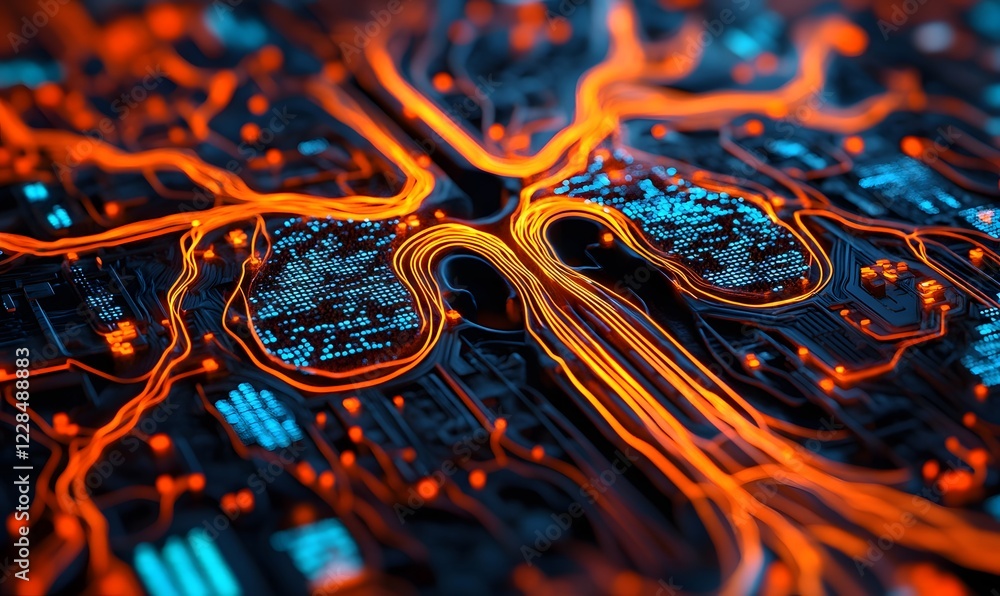 Poster digital lung circuit; glowing data streams; technological background; medical research