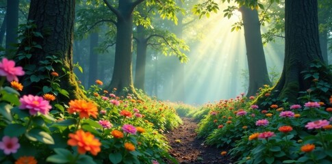 Misty forest with blooming flowers, natural, forest