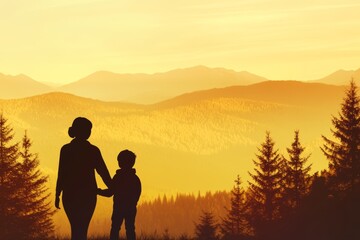 Fototapeta premium Mother and child enjoy a golden sunset in a serene mountain forest landscape