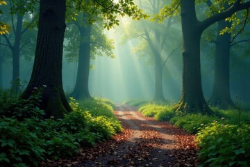 Obraz premium Misty forest path unwinding, mist, mysterious, winding