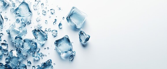 Scattered ice cubes on white background,  cool refreshment, advertising