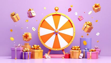 Spinning wheel with gifts, discount coupons, marketing discount promotion concept, 3d rendering.