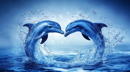 Two dolphins create a heart shape with splashes of water in a serene underwater scene.