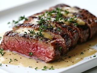 Sliced steak with creamy sauce and herbs. AI.