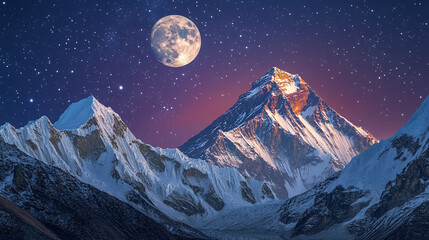 A Breathtaking View of the Himalayan Mountains Bathed in the Warm Glow of Twilight and Moonlight © ADIN
