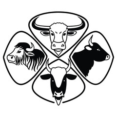 Black and white illustration, bovine heads.
