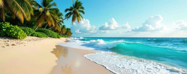 Ocean waves crashing against palm tree-lined shore, tropical sea, crashing