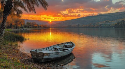 Majestic Sunset Over Serene Lake with Wooden Boat and Palm Tree; Vibrant Orange and Blue Sky Reflection; Tranquil Nature Scene Perfect for Relaxation