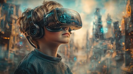 Young boy wearing virtual reality headset engaging in immersive experience and gaming adventure