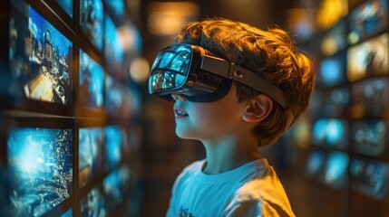 Boy wearing virtual reality headset engaged in immersive experience at home