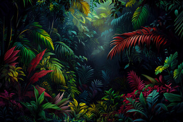 A vibrant forest filled with exotic plants and dense foliage.