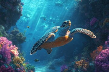 Obraz premium Sea turtle gracefully swims in vibrant coral reef, sunlight streams through water. Perfect for marine life, ocean conservation, or travel websites.