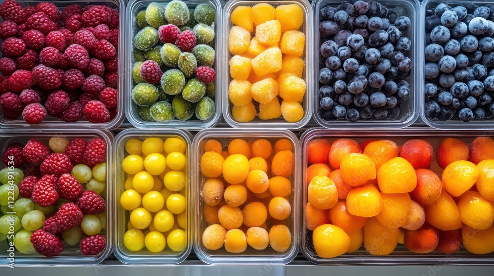 Poster vibrant assortment of mixed frozen fruits neatly organized in transparent containers displayed insid